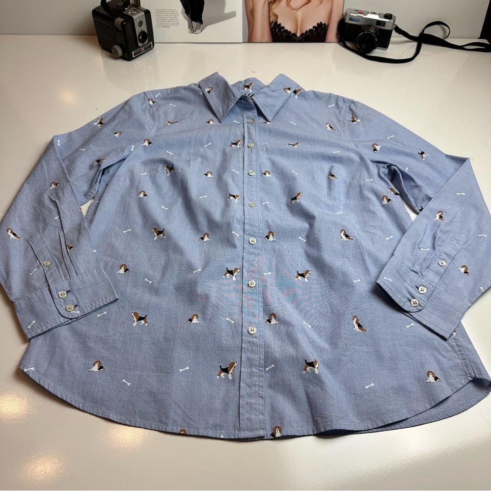 Talbots Light Blue Dog Print Button-Down Shirt | Cotton | Size L - Picture 2 of 10